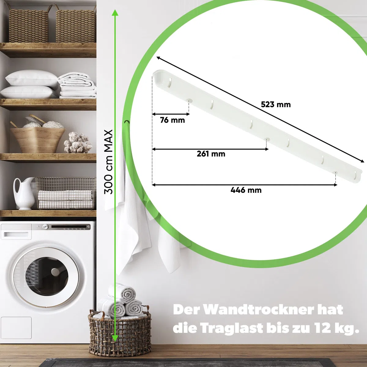 KADAX Deckenwäschetrockner, 11.4m Trockenfläche, Wäschetrockner für die Decke 6, Wandtrockner mit Polyethylen bezogenen Stahlsprossen, Deckentrockner Traglast 12kg (6x190/weiß)