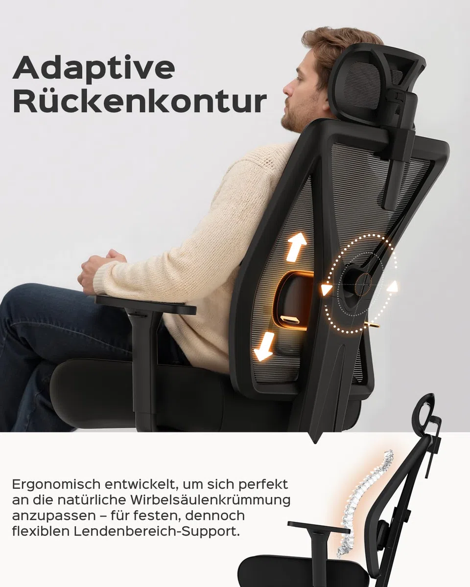 Dowinx Bürostuhl 270 kg, Ergonomischer Schreibtischstuhl mit Dicker Sitzpolsterung, Verstellbarer Lendenstütze, Höhenverstellbarer Rückenlehne, 3D-Armlehnen, Metall-Fuß, Schwarz