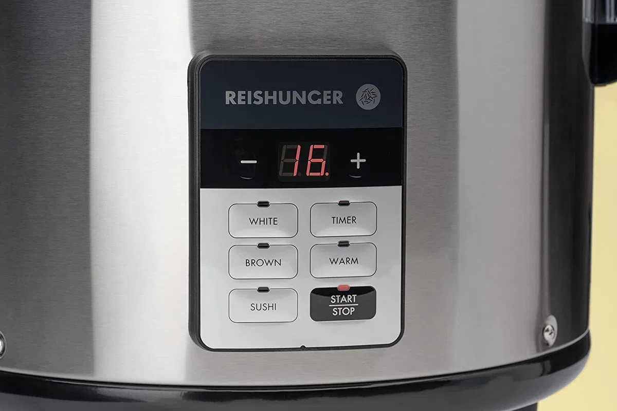 REISHUNGER Gastronomie Reiskocher - für bis zu 32 Portionen - 5,8 L - Edelstahlgehäuse mit doppelter Antihaftbeschichtung - Warmhaltefunktion & Timer - 3 Programme, Einfache Bedienung