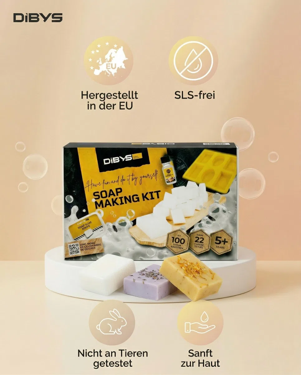 DIBYS Seife zum Selber Machen Set – DIY Seifen Set für Erwachsene mit Glycerinseife ohne SLS, Duftölen, Farben & Silikonform – Kreatives Bastelset & Besonder Geschenkidee Familie und Freunde