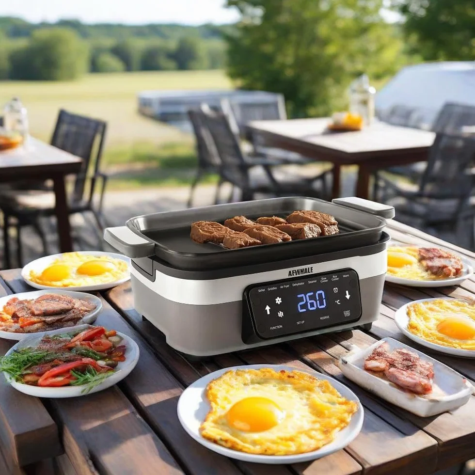 AEWHALE 8-in-1 Multikocher mit Air Fryer 4.25L, Reiskocher, Slow Cooker, Dampfgarer& Warmhaltefunktion|4 Zubehörteile | Antihaftbeschichtete, austauschbare Platten und Pfannen