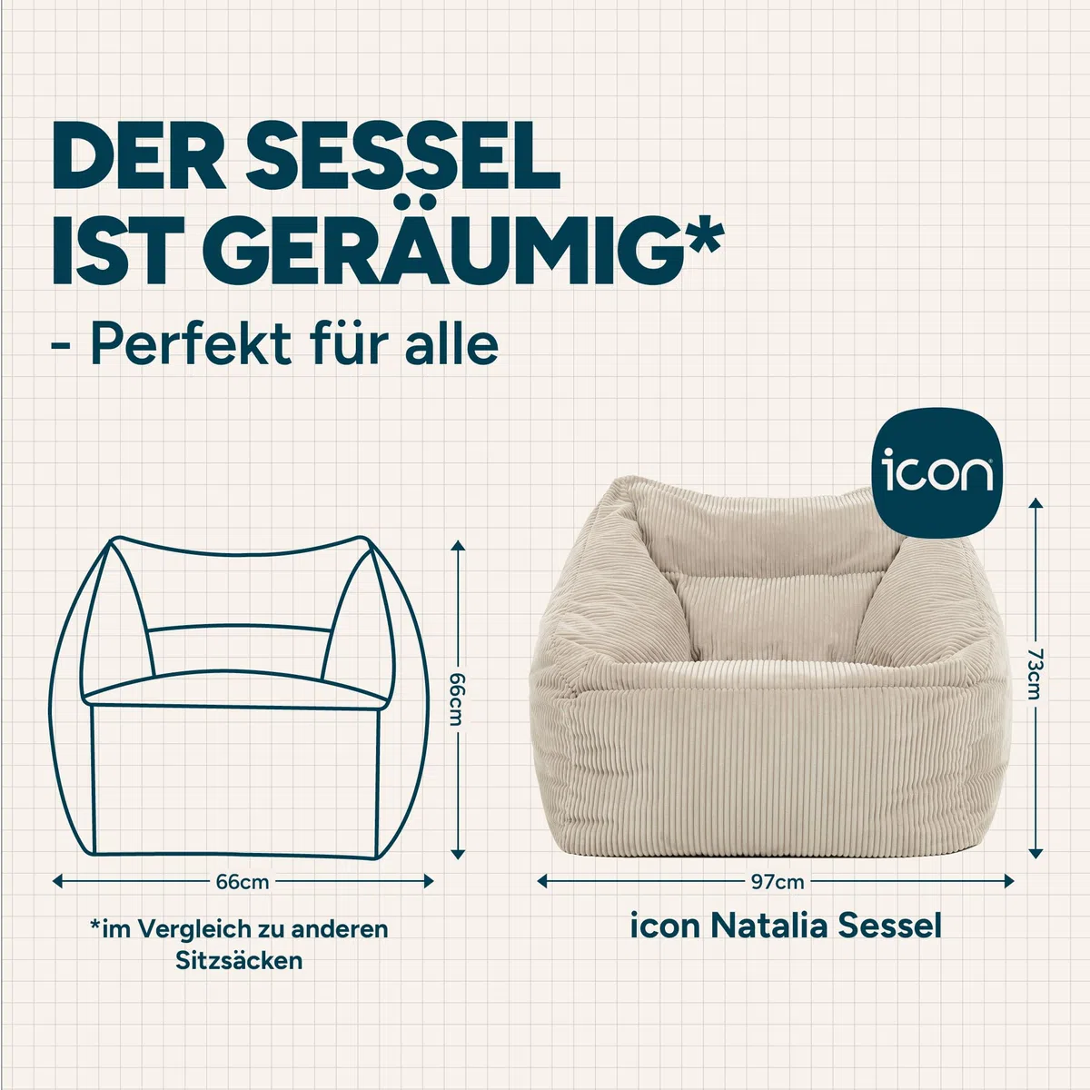 Icon Natalia Sitzsack Sessel mit Hocker für Erwachsene, Beige, Flauschiger Cord Stoff, Riesen Sitzsack Cord mit Füllung, Bean Bag Chair, Bequemer Sessel Wohnzimmer, Lounge, Schlafzimmer, Büro