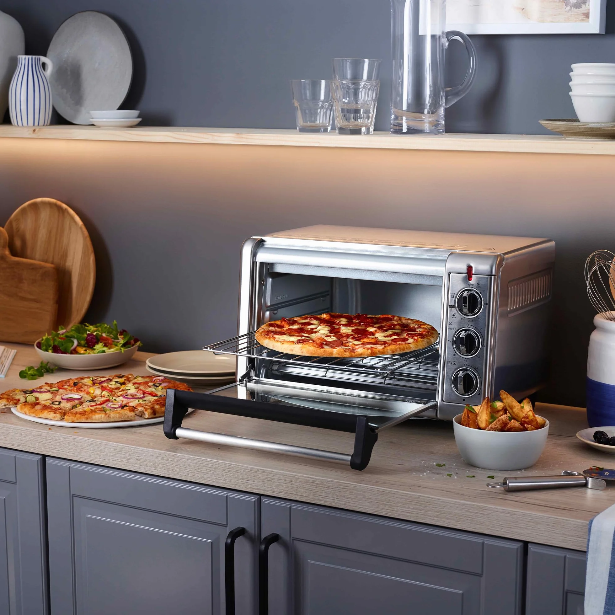Russell Hobbs Backofen Airfryer [5-in-1: Heißluftfritteuse, Minibackofen, Grill, Toaster, Warmhaltefunktion] Express (20l, Pizza Ø 30cm, inkl. Frittierkorb, Backblech&Grillrost) Umluft- Ofen 26680-56
