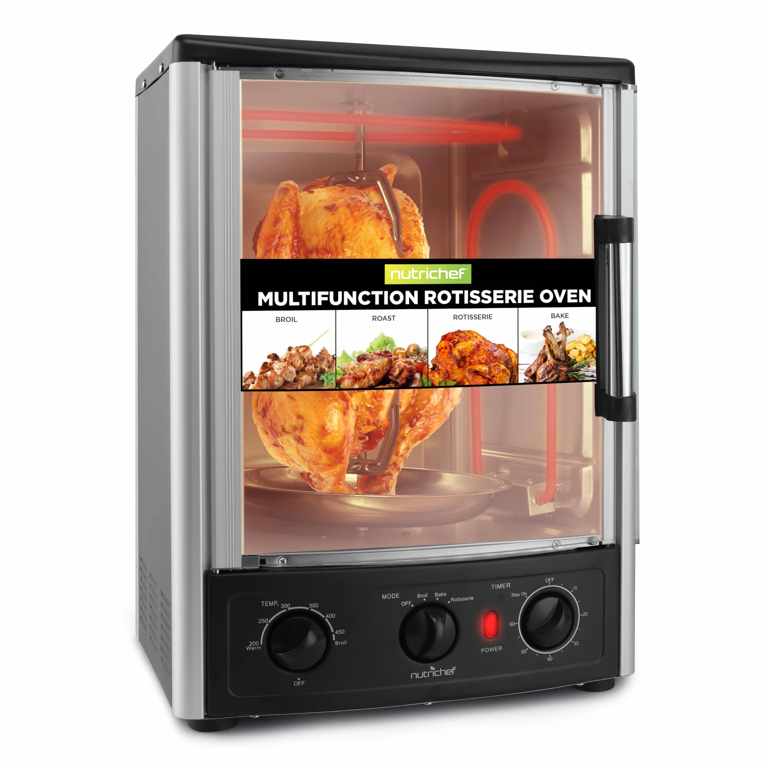 NutriChef Heißluft-Multiofen mit Drehspieß – 23 L Mini-Backofen mit Umluft und Grillfunktion Dönergrill für Zuhause, Kebab und Hähnchengrill, Kompakter Elektroofen mit Timer und Temperaturregelung