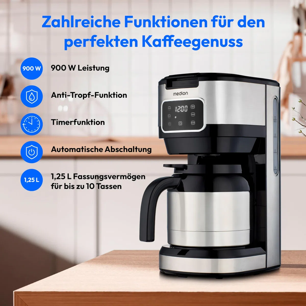 MEDION Kaffeemaschine mit Thermoskanne und Timer (Filtermaschine, 10 Tassen, 1,25 Liter, 900 Watt, Timer Zeitschaltuhr, Antitropf, Display, MD11019) edelstahl