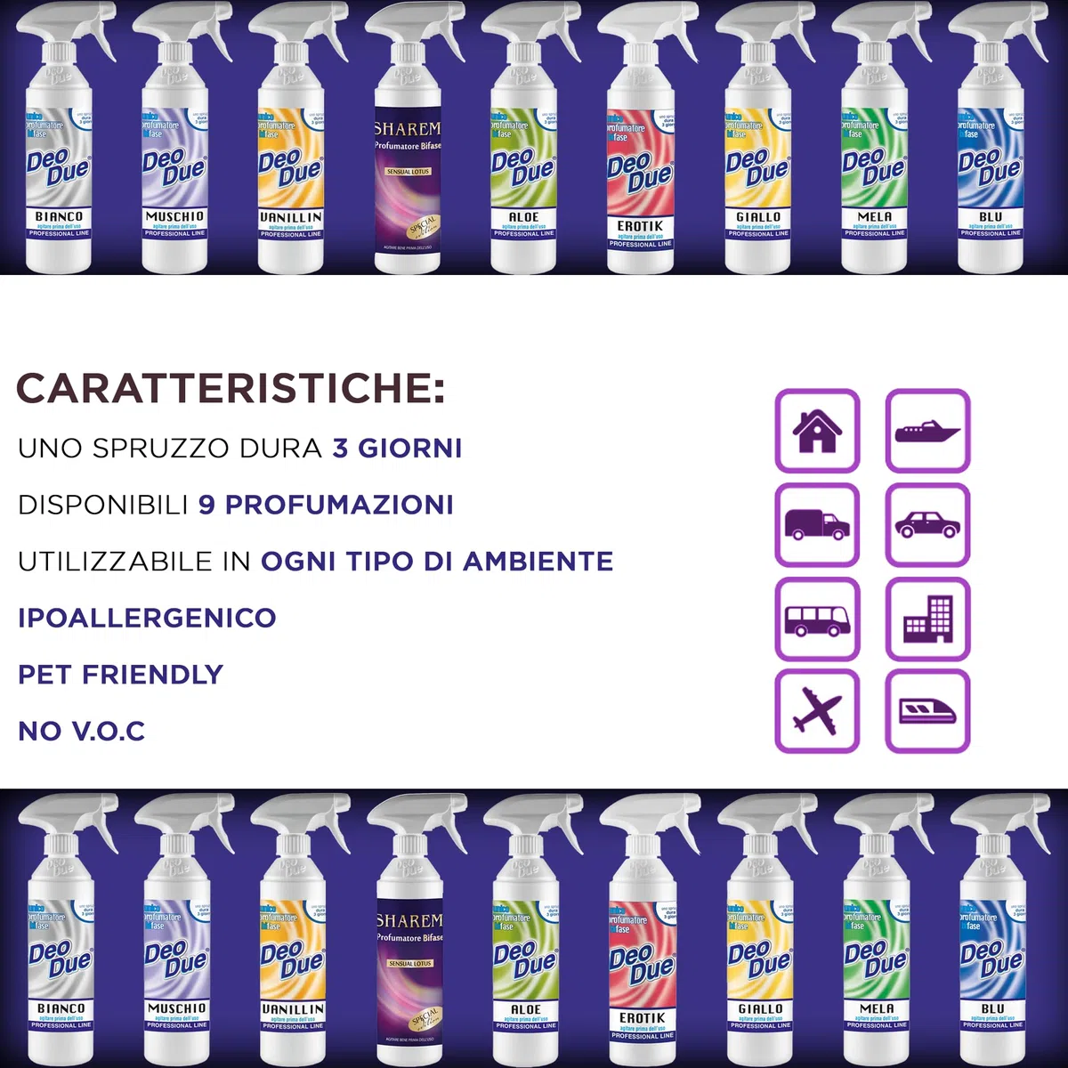 Cubex Professional | Set mit 6 Deo due Sharem, zweiphasiger Raumduft 500 ml von hoher Qualität für Innen, Außen und Reinigung, ideal für Vorhänge, Stoffe und Räume, die von Haustieren bewohnt werden