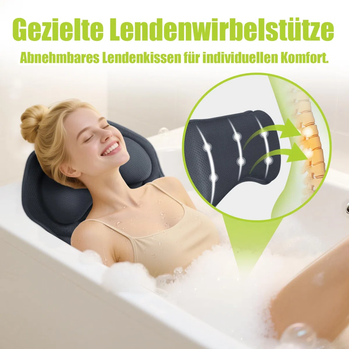 Poemland Vollkörper Badekissens für Badewanne - Luxuriöses Badewannenkissen für Rücken, Kopf und Nacken, Schnell-Trocknendes Badkissen
