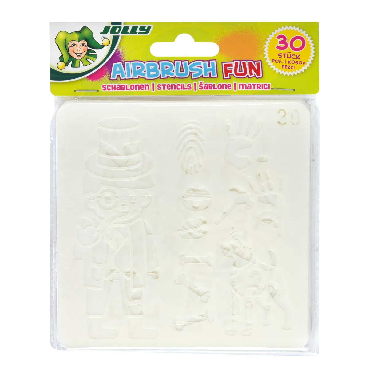 JOLLY Airbrush Fun | Farben sprühen für Kinder | Ungiftig (Airbrush), 20-teiliges Set, grün & 4446-0003 Airbrush Schablone, Kunststoff, Transparent, 30 Stück