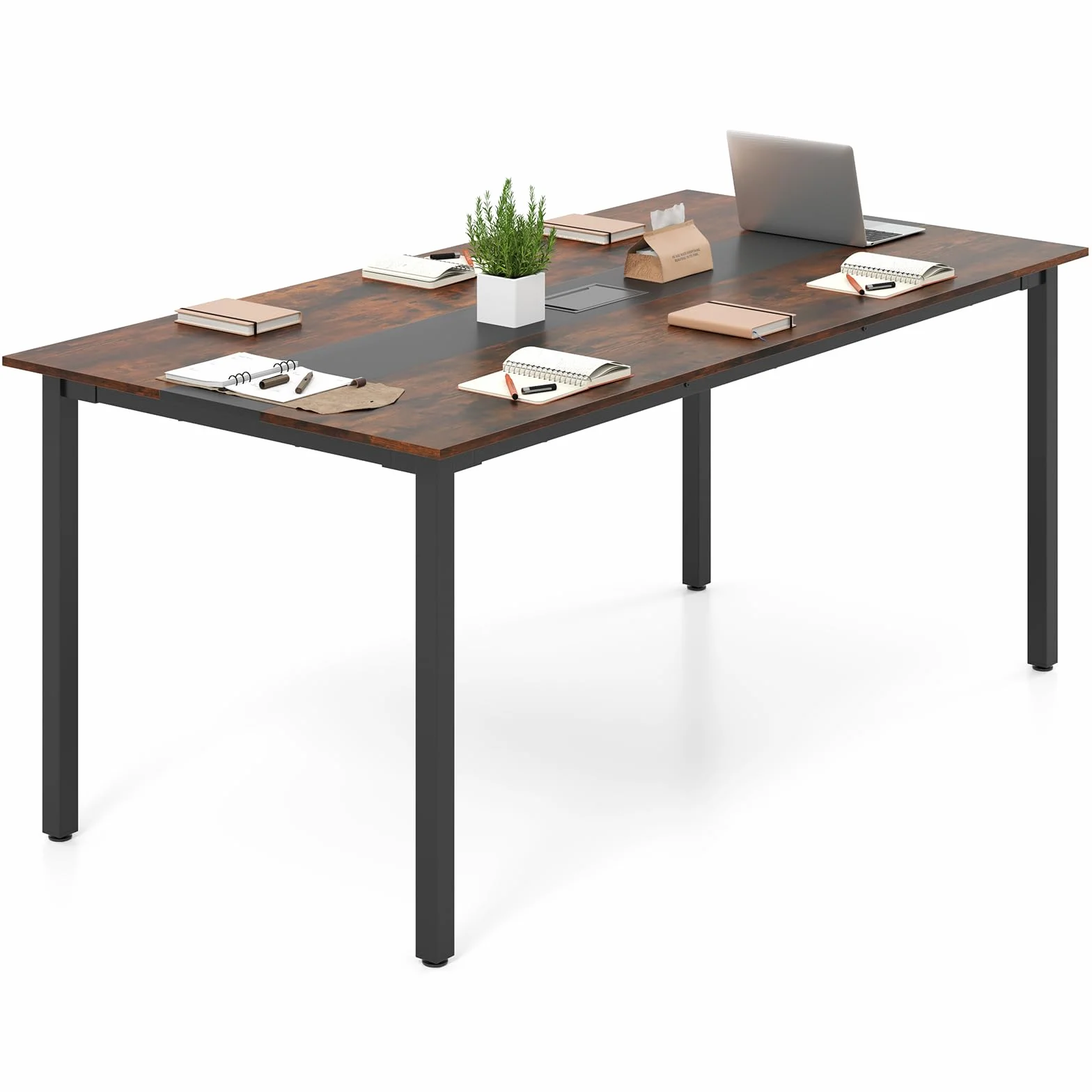 COSTWAY Konferenztisch 180x90cm, Besprechungstisch für 8-10 Personen, rechteckiger Seminartisch mit Kabeldurchführung für Büro, Konferenzraum, rustikal Braun
