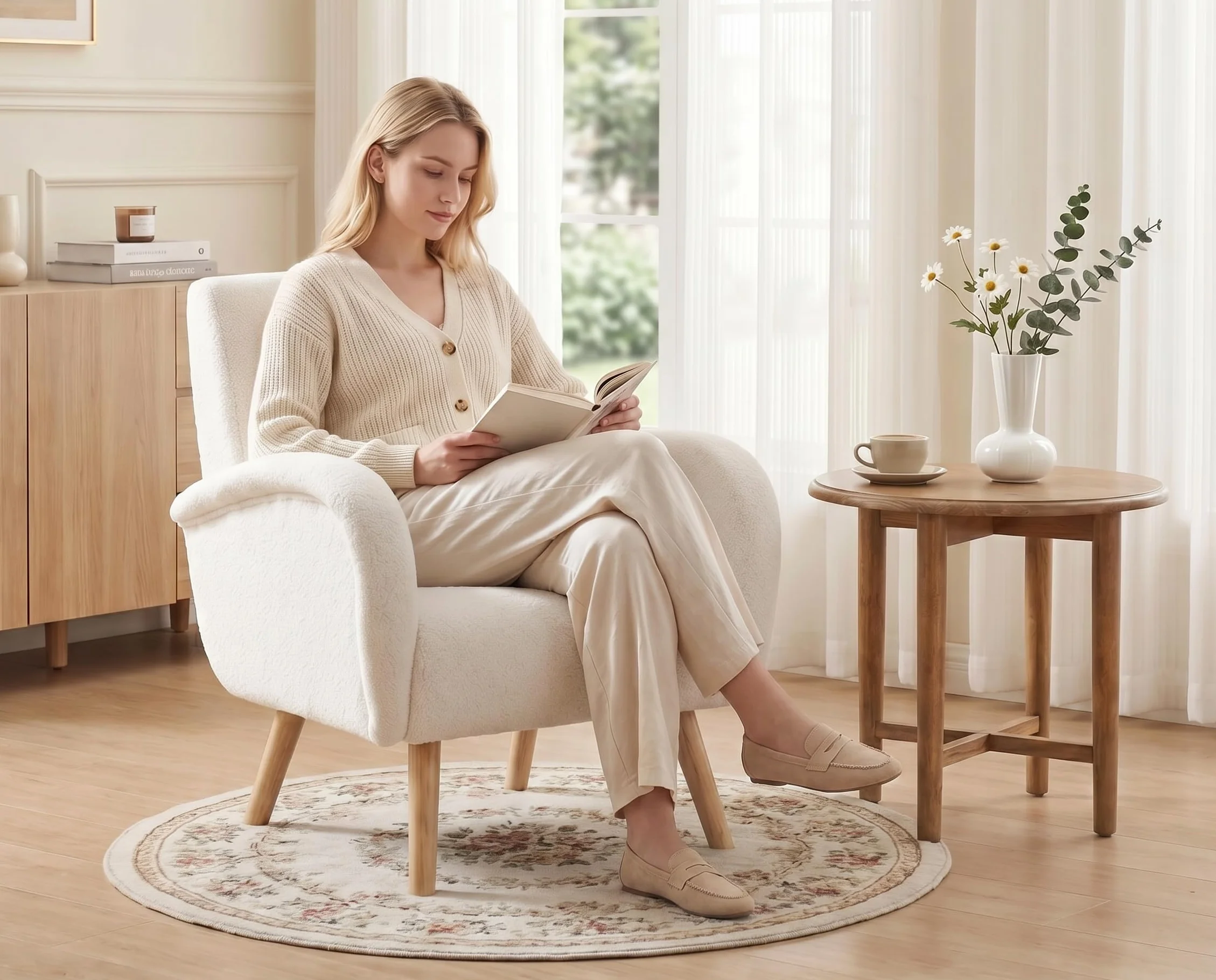 chairus Kunstfell Loungesessel Ohrensessel für Wohnzimmer Polstersessel Einzelsofa für Schlafzimmer Akzentstuhl Relaxsessel mit Holzbeinen (Weiß)