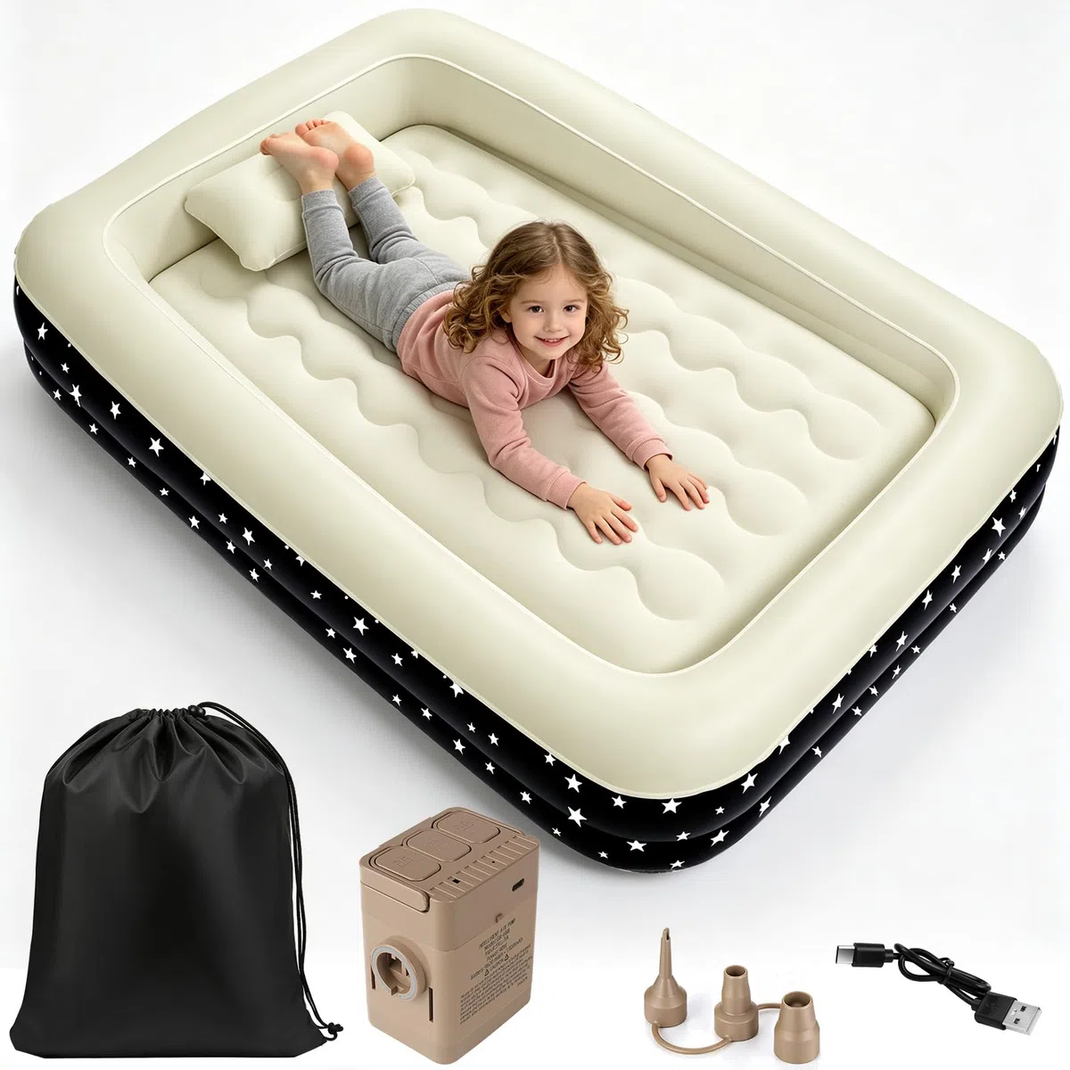 IEEILULU Luftmatratze Selbstaufblasend, Luftbett 1 Personen mit Integrierter Pumpe, Beflocktes Luftbett Tragbare Luftmatratze für Kinder, Aufblasbares Reisebett Kinder Reisen, Camping155 x 105 x 32 cm