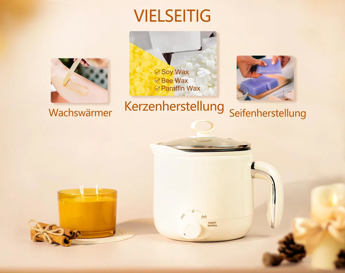JULWHISPER 1,8L Wachsschmelzer für Kerzenherstellung mit Ausgießvorrichtung | EU Stecker, 1800ml großes Fassungsvermögen, Thermometer, Dochte, Zentriervorrichtung, Rührlöffel inklusive