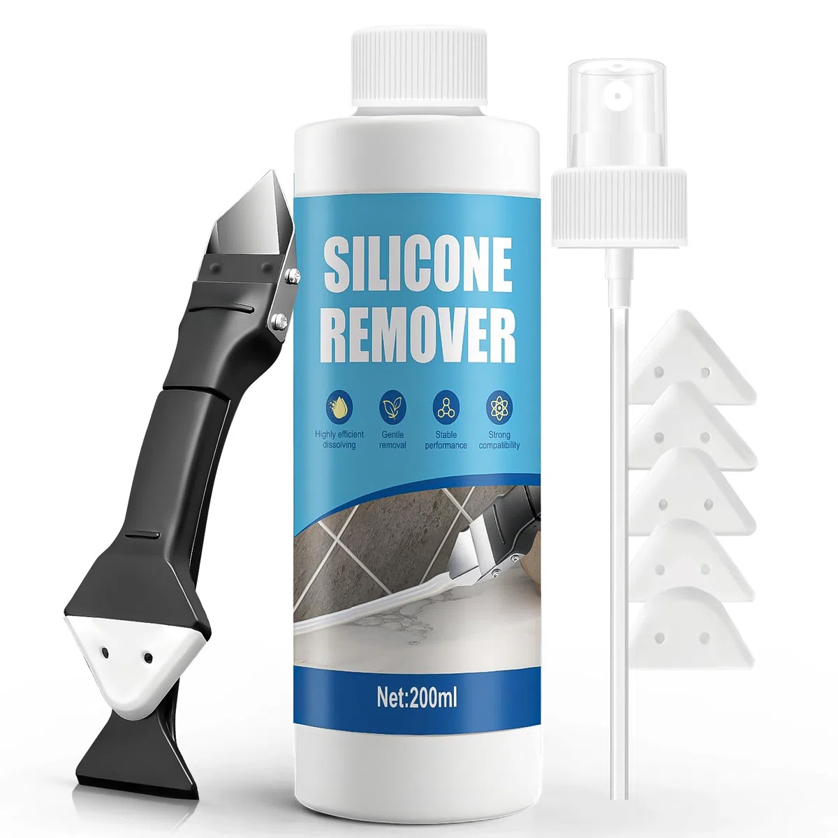 ALLONY Silikonfugenentferner, Silikon Entferner, Silikonentferner flüssig, Löst Ausgehärtetes Silicon, Silikonentferner Werkzeug, Silikon Entferner für Bad, Küchen Türen Fenstern, 200ML