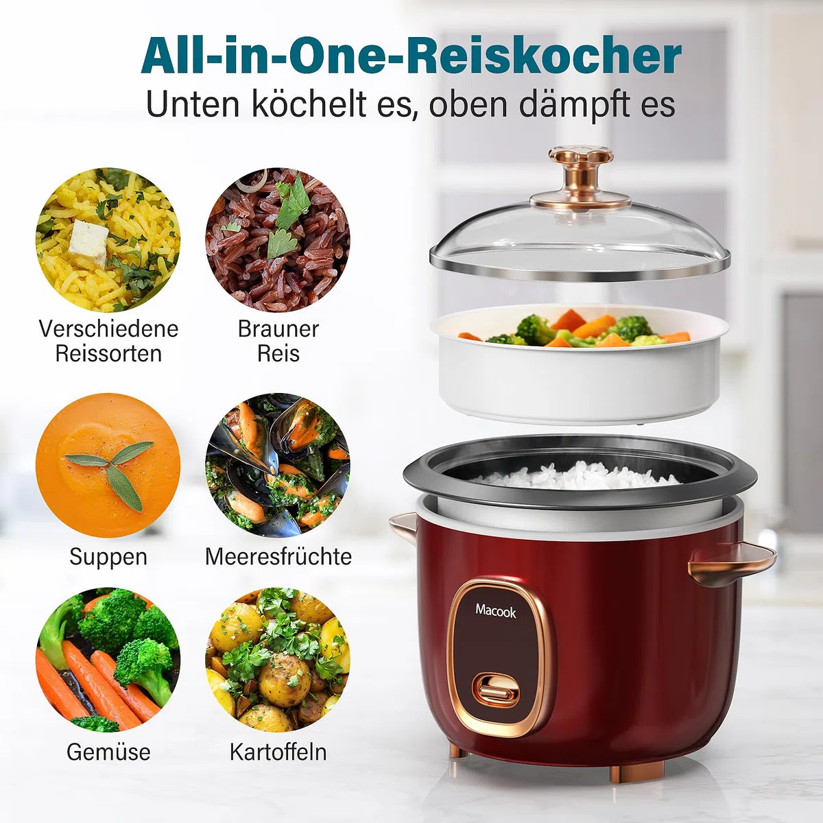 Macook Reiskocher & Dampfgarer mit Antihaft-Innentopf - 1L, Burgunderrot - Für 1-5 Personen - Schnelle Zubereitung ohne Anbrennen - Mit Warmhaltefunktion inkl. Dämpfeinsatz, Löffel & Messbecher