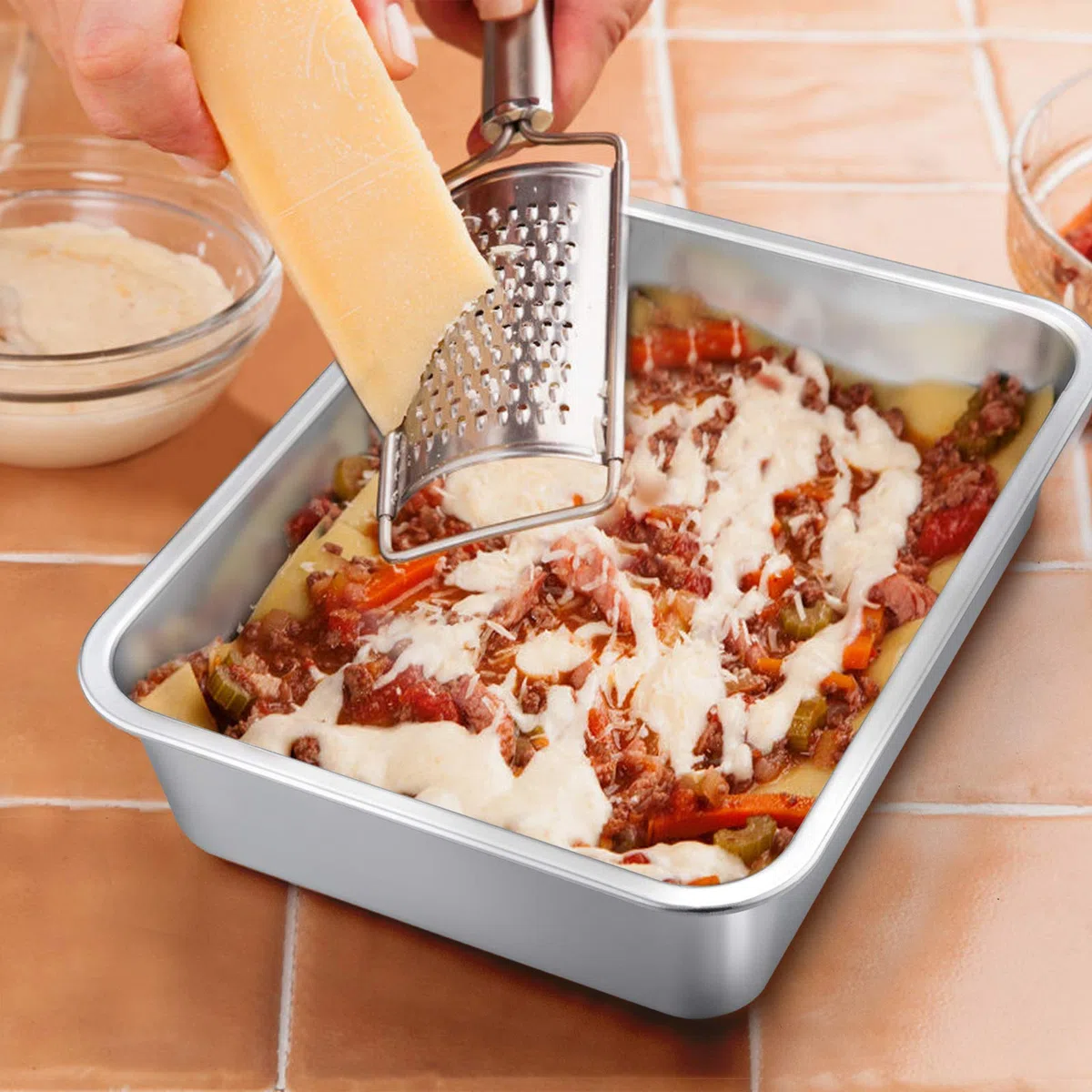 Homikit Auflaufform Set, Edelstahl Rechteckig Kuchenform Backform Tiramisu Form 2er Set, Ofenform Groß 32,5 x 25,5 x 8 cm, Perfekt für Lasagne/Mäser/Brownie, Hitzebeständig & spülmaschinengeeignet