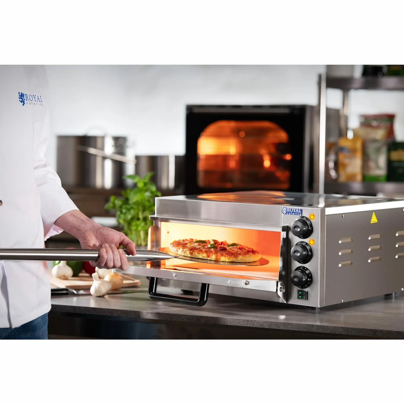Royal Catering RCPO-2000-1PE Pizzaofen elektrisch 2000W 1 Kammer Pizzabackofen Pizza Ofen Schamotte Schamotteboden