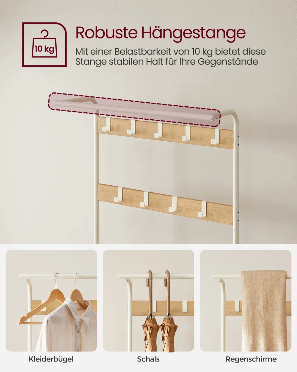 VASAGLE Garderobenständer, Garderobe, mit Schuhbank, 4-in-1 Design, 9 abnehmbare Haken, Kleiderstange, Eingangsbereich, Flur, 33,7 x 72 x 183 cm, modern, eichenfarben-weiß HSR40W
