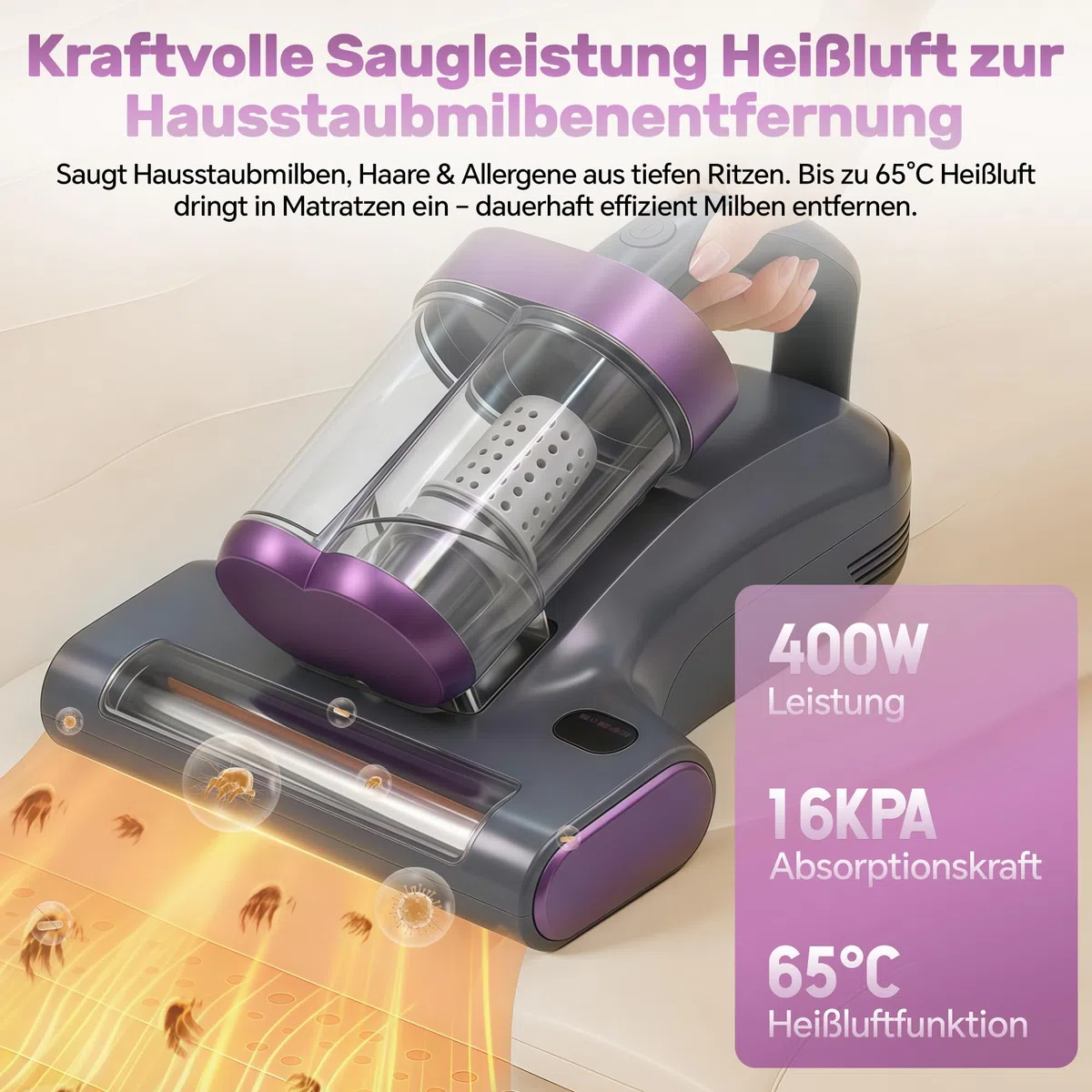 UV-C Milbensauger: Entfernt Milben & Allergene für Allergiker | 65℃ Heißluft, 3-in-1 Matratzensauger 400W, 16000Pa Saugkraft, 12.000 Schläge/min, 5m Kabel, 350ml Staubbecher