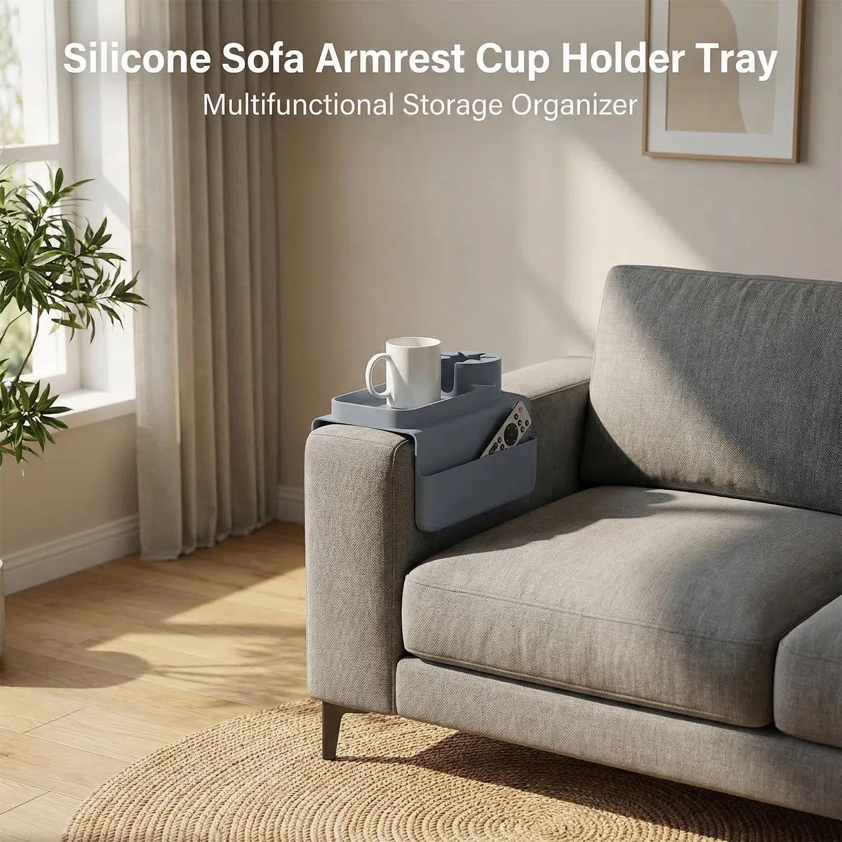 Sofatablett Armlehne mit Getränkehalter, Faltbares Anti Rutsch Sofa Tablett aus Silikon mit Zwei Seitentaschen Couch Ablage für Snacks Getränke Fernbedienung Handy Magazin Armlehnen Tablett Organizer