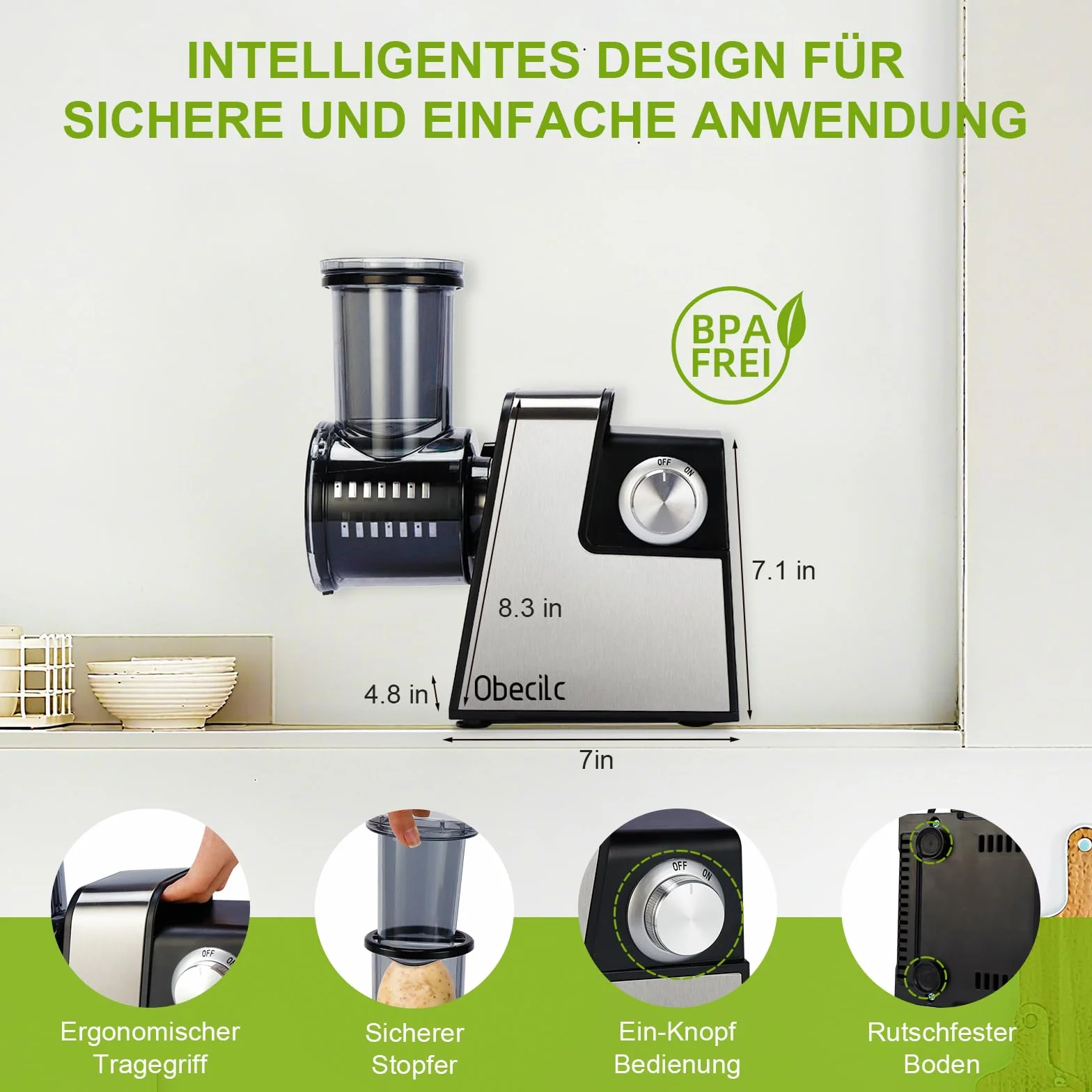 Elektrische Käsereibe für Blockkäse, elektrischer Käsereiber mit 7 Edelstahlklingen zum Schneiden, Raspeln und Zerkleinern von Gemüse, Obst und Nüssen, One-Touch-Bedienung
