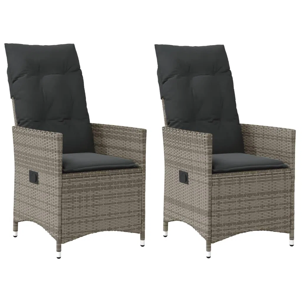 vidaXL Gartensessel mit Kissen 2 STK., Verstellbar Gartenstuhl mit Stahlrahmen, Loungesessel für Außenbereich, Relaxsessel Sthulset, Grau Poly Rattan