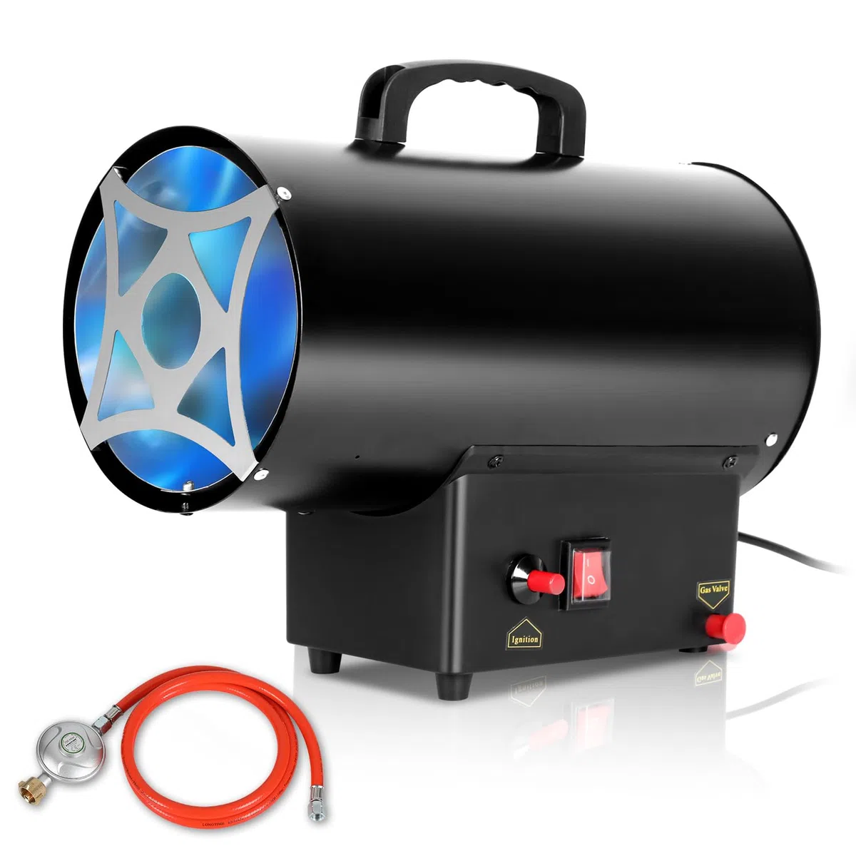Gasheizgebläse 15 kW Gas Heizgerät inkl Verbindungschlauch und Gasdruckregler 700mbar, Wirksame Fläche: 225m²,für Baustellen, belüfteten Lagerräumen, Garagen usw
