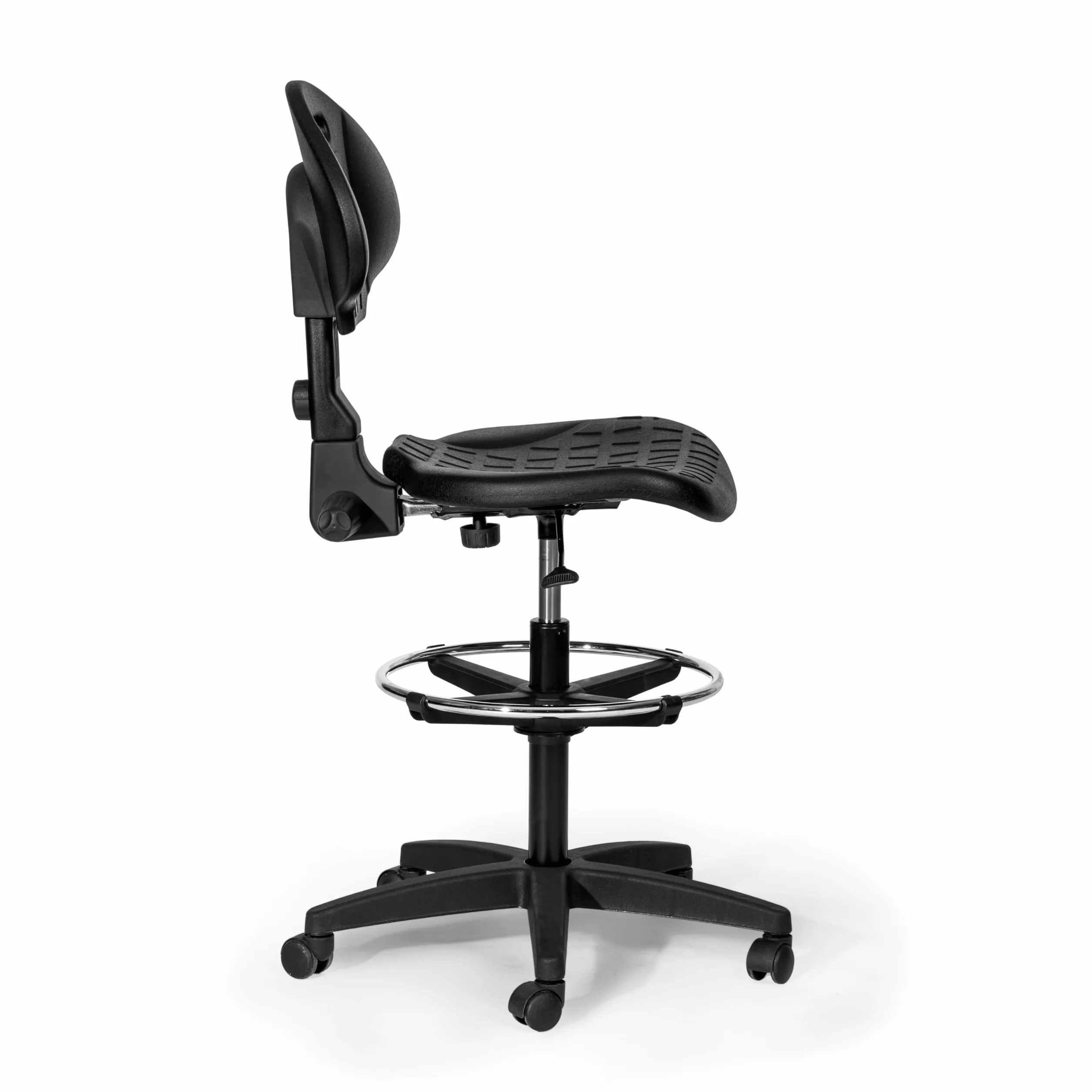 Topsit IND102 Arbeitsstuhl aus Polyurethan, ergonomischer Bürohocker, Werkstattstuhl, höhenverstellbar und mit Verstellbarer Rückenlehne, leicht zu reinigen, Stabiler Stuhl mit verstellbarem Fußring.