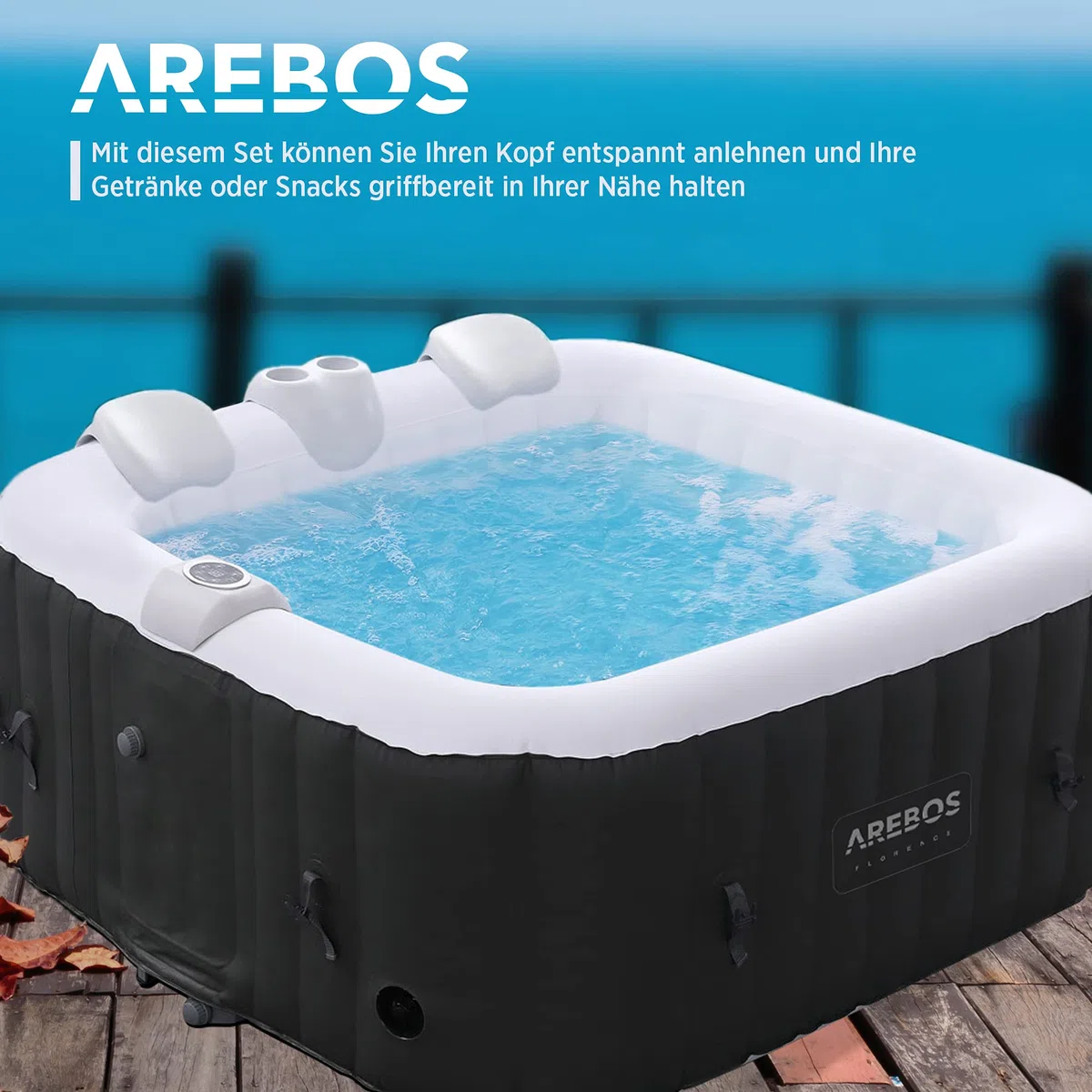 Arebos Komfort-Set 2 Nackenkissen + Getränkehalter für Whirlpool | weiß | 100% wasserdicht | ergonomisch geformt | PU Schaum