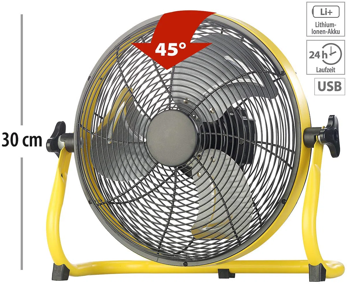 Sichler Haushaltsgeräte Ventilator Akku: Akku-Vollmetall-Bodenventilator, bis 1.200 U/Min., 30 cm, 15 Ah, IPX4 (Metallventilator, Ventilator für außen, Kühl)
