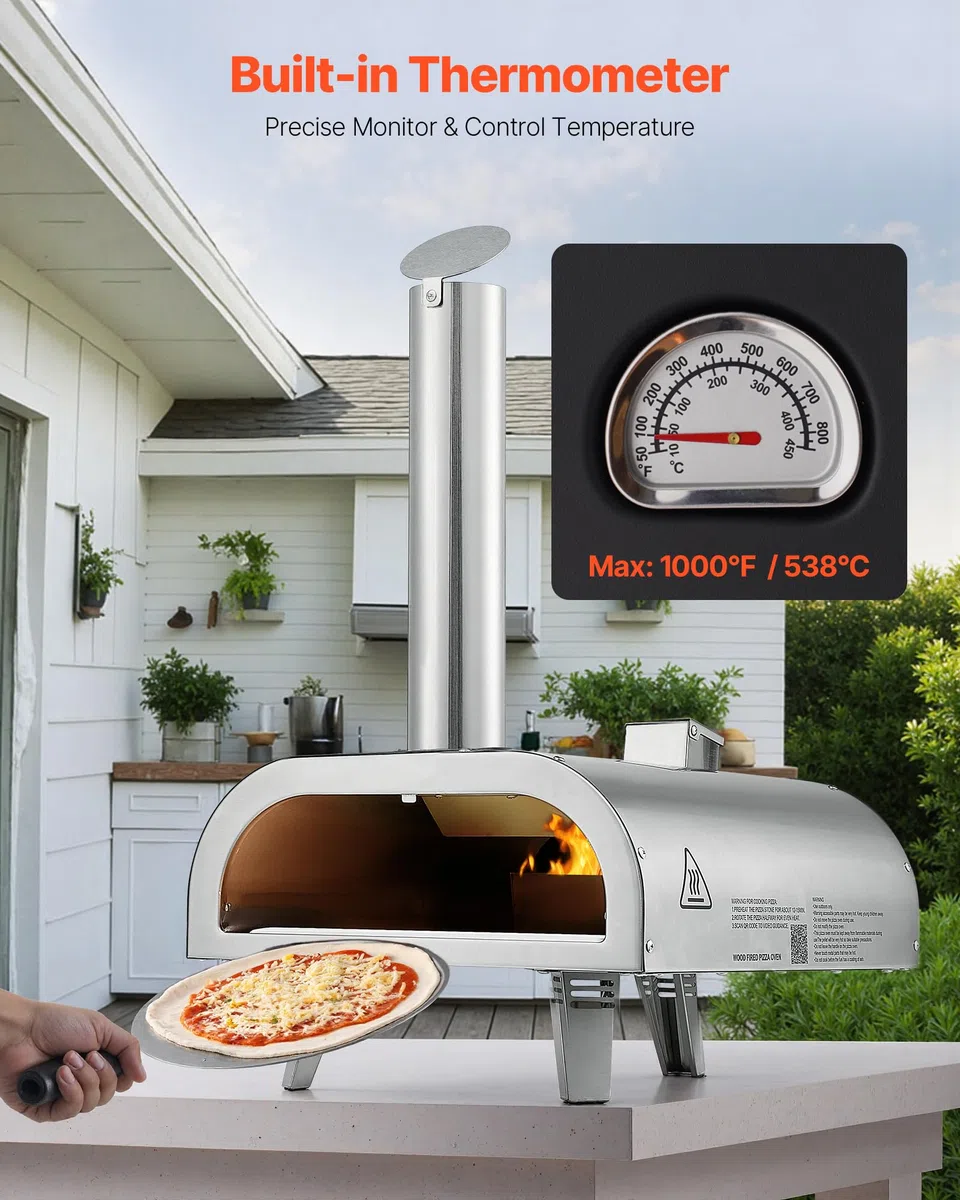 VEVOR Pizzaofen Outdoor 12 Zoll Pellet-Pizzaofen, tragbarer Pizzaofen mit eingebautem Thermometer & holzbefeuerter & Pizzastein & Schaufel & Tragetasche Pizzamaker aus Edelstahl, für Garten Camping