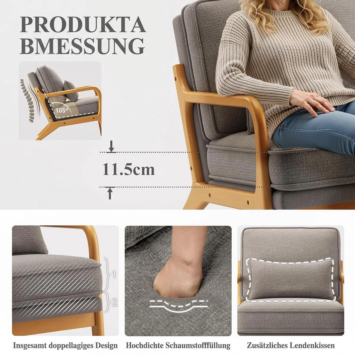 COLAMY Sessel Wohnzimmer Mid-Century Modern 2er Set, Loungesessel mit Lendenkissen, Massivholzrahmen & weichem Polster, bequemer Lesesessel für Wohnzimmer und Schlafzimmer, grau