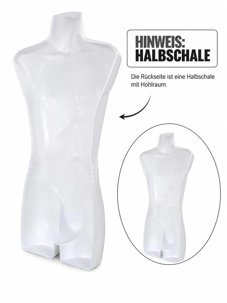 2er Set Torso männlich - Herrentorso lebensecht aus Kunststoff - Oberkörper Halbplastik in Farbe Weiß - Mannequin Büste - Halbschale Herrenbody - Schaufensterpuppe mit Haken - 2 Stück Dekotorso
