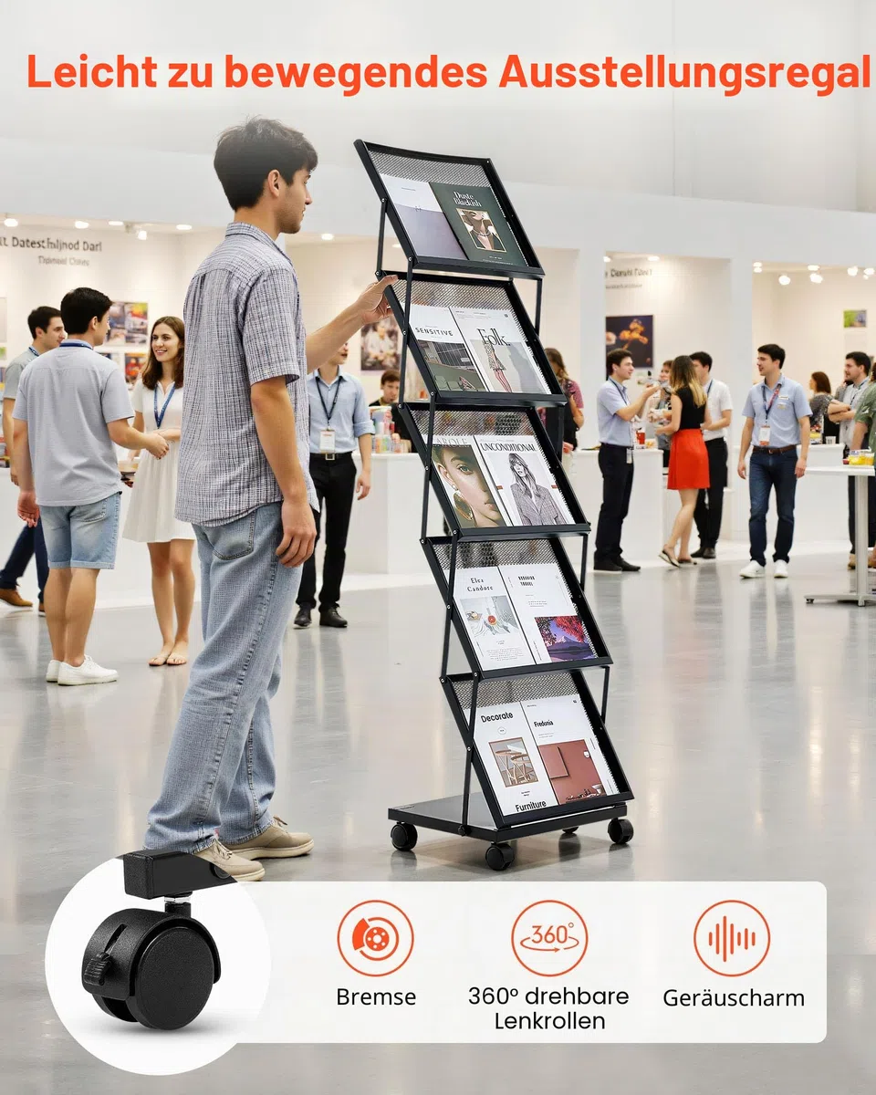 VEVOR faltbarer Prospektständer Zeitschriftenständer mit 5 Taschen, rollbarer Literaturständer Kataloghalter Schrägsteller, Buchständer Bodenaufsteller für Messe, Büroshows, Ausstellung