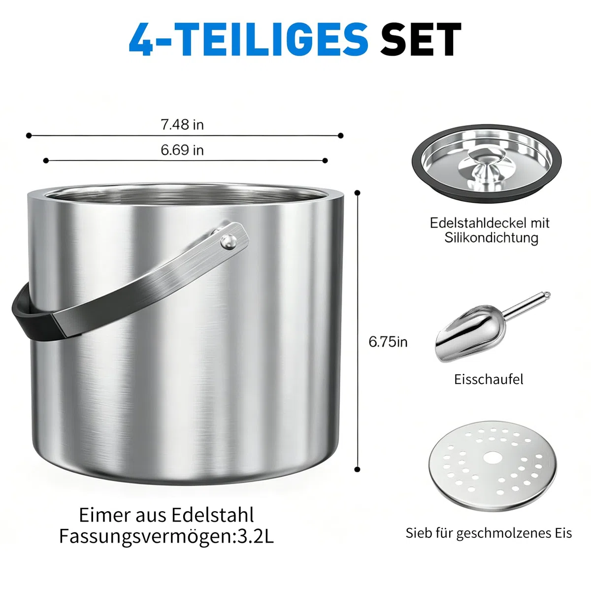 3,2L Eiswürfelbehälter mit Deckel Schaufel-Edelstahl Eiskübel Doppelwandiger Isolierter Eisbehälter für Eiswürfel Ideal zum Kühlen von Bier Champagner Wein und Obst