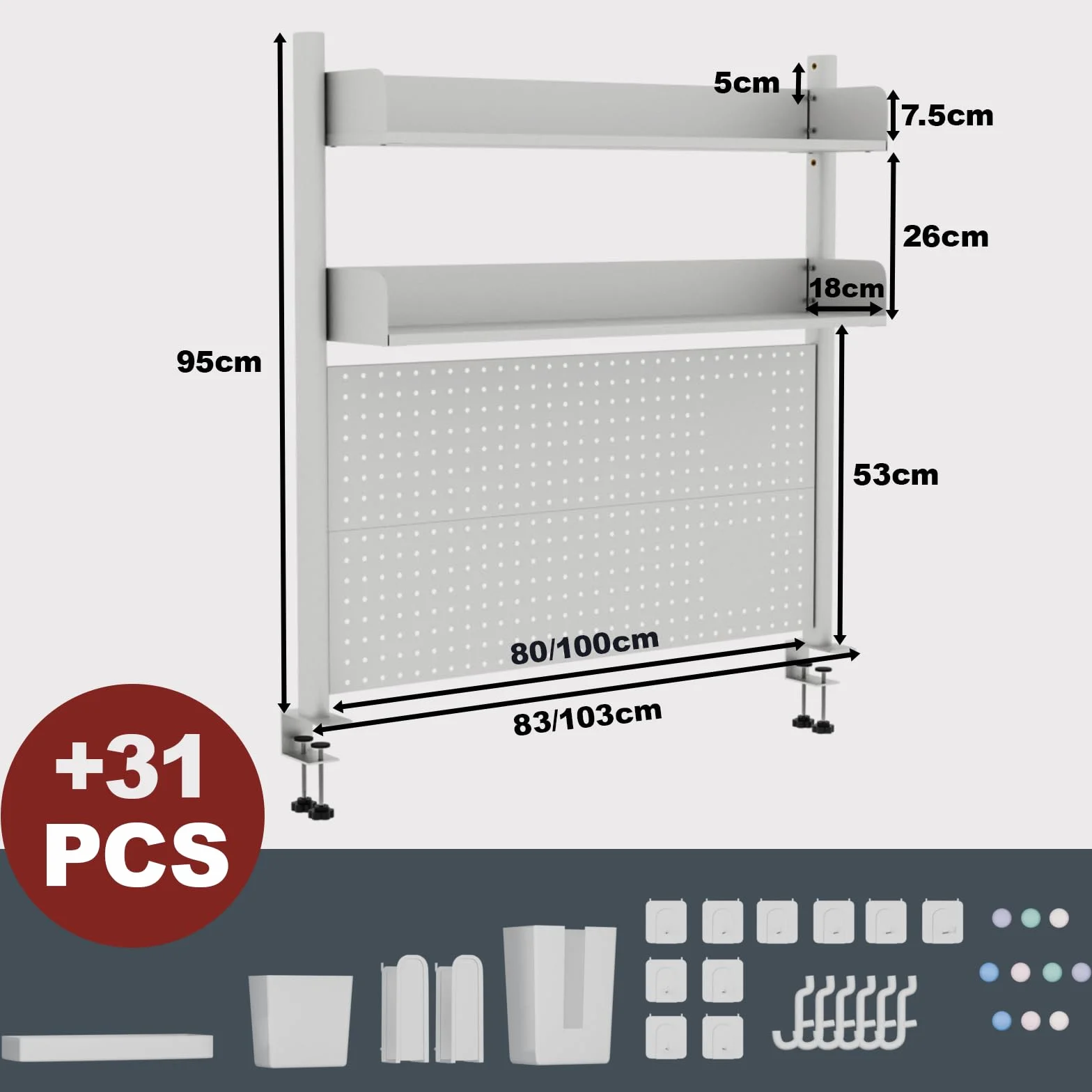 Schreibtischregal mit 2 Ebenen, zum Anklemmen, weiß, 100 cm, Bücherregal mit Lochwand, Aufbewahrungsorganisator für Zuhause, Büro oder Wohnheim