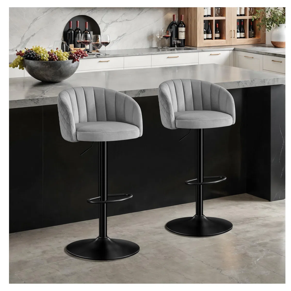 STOOLINK Barhocker 2er Set Höhenverstellbar Barstuhl Milch-samtstoff, Tresenhocker mit Lehne und Armlehne, Barhocker 360° Drehbar für Küche, Esszimmer, Café,Bistro-Grau