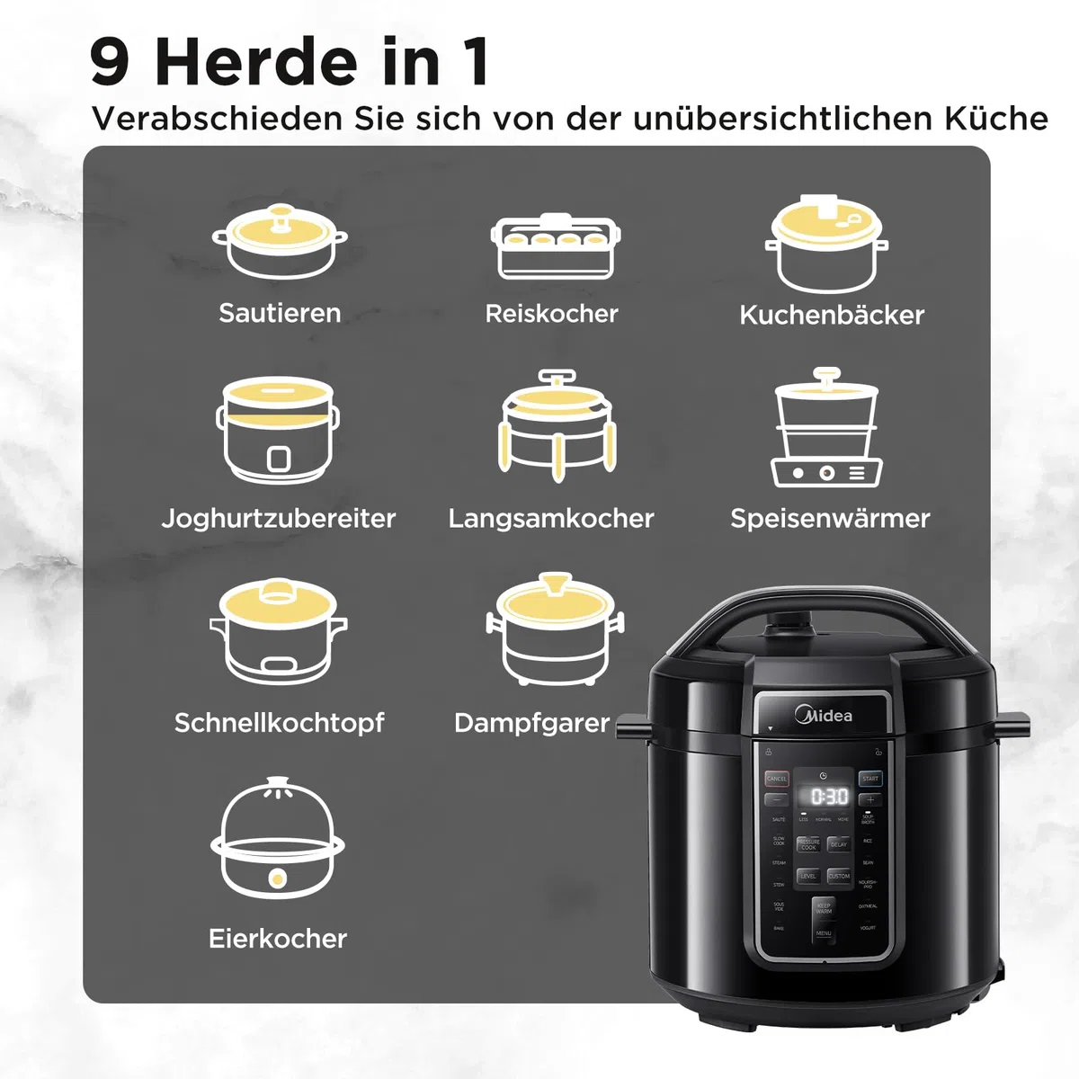 Midea Elektrischer Schnellkochtopf 6L, 9-in-1 Multikocher mit 14 Funktionen, Joghurtbereiter, Reiskocher, Slow Cooker, Sous Vide, Dampfgarer, Nudelkocher, Edelstahl Innentopf, Schwarz