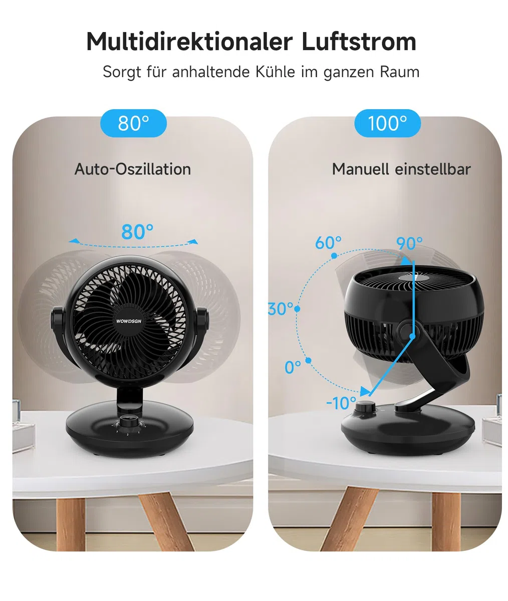 WOWDSGN Tischventilator 24dB 3D Turbo-Luftzirkulator 100° 80° Oszillation 3 Geschwindigkeitsstufen Schwarz