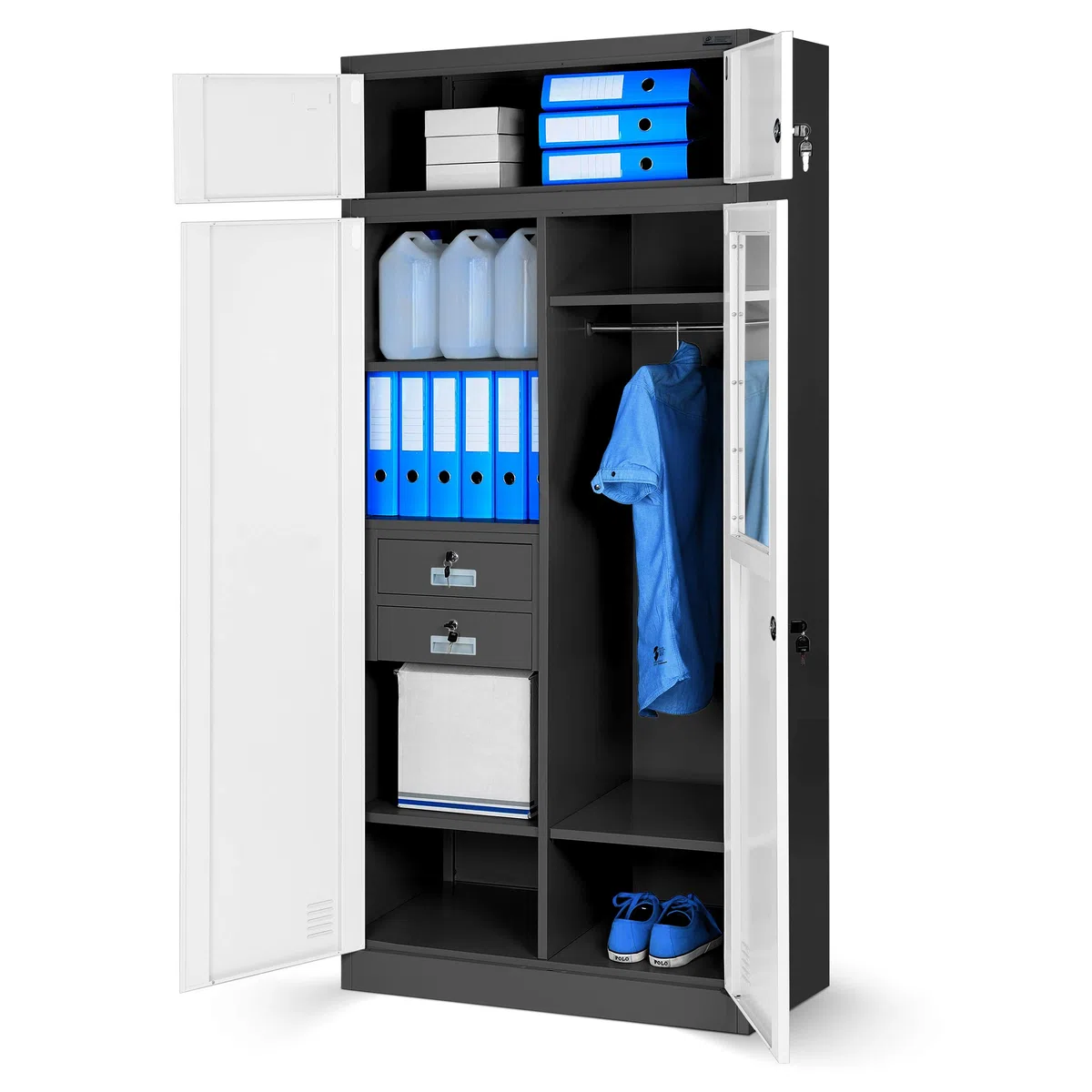 Jan Nowak Aktenschrank, Mehrzweckschrank, Spind Schrank | Geheimfach, 2 Schubladen, 4 Fachböden, Mit Kleiderstange, Spiegel, Pulverbeschichtet, Abschließbar | 185 cm x 90 cm x 50 cm Anhtrazit/Weiß