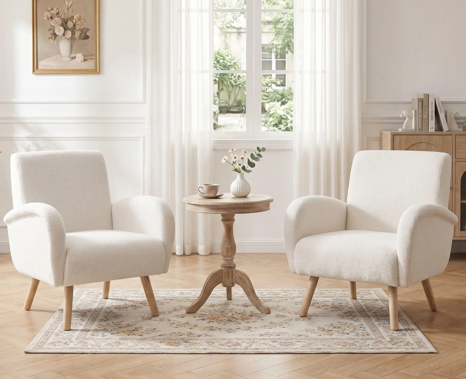 chairus Kunstfell Loungesessel Ohrensessel für Wohnzimmer Polstersessel Einzelsofa für Schlafzimmer Akzentstuhl Relaxsessel mit Holzbeinen (Weiß)