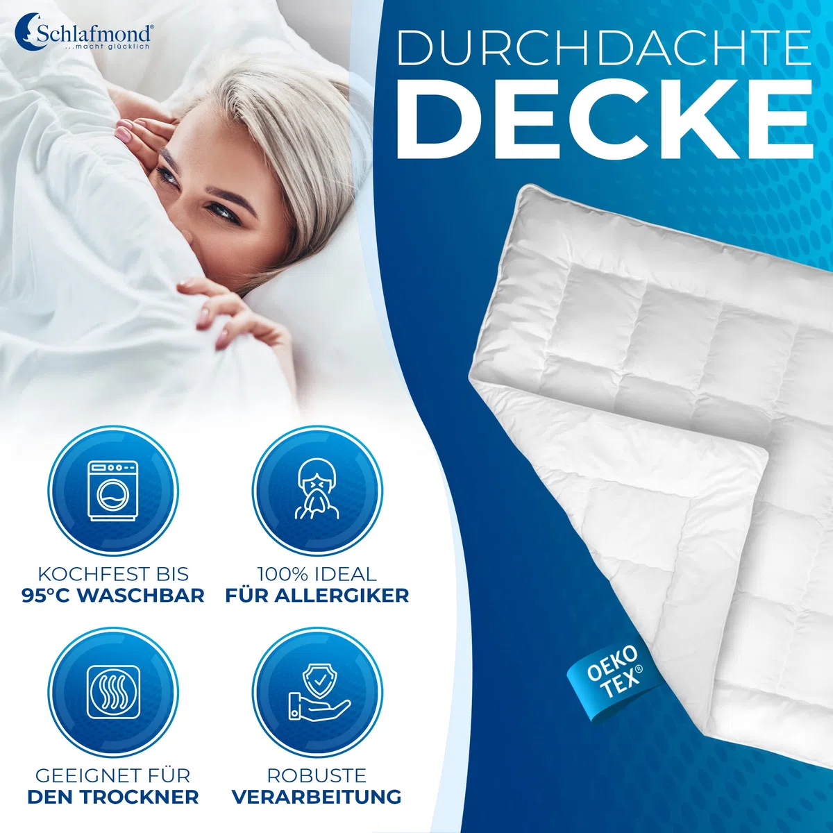 Schlafmond Medicus Clean Ganzjahresdecke 135x200 cm - Wärmeregulierende Allergiker Bettdecke 135x200 - Steppdecke aus Baumwolle - Made in Germany
