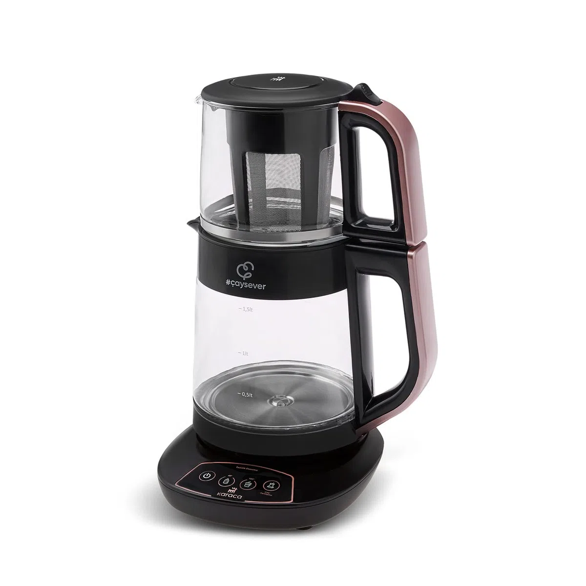 Karaca Çaysever 3-in-1 Glas-Teemaschine, Wasserkocher & Babynahrungswärmer, 1700W, Roségold, 0,8L Glasteekanne, 1,5L Wassertank, Englische Sprachfunktion, BPA-freing