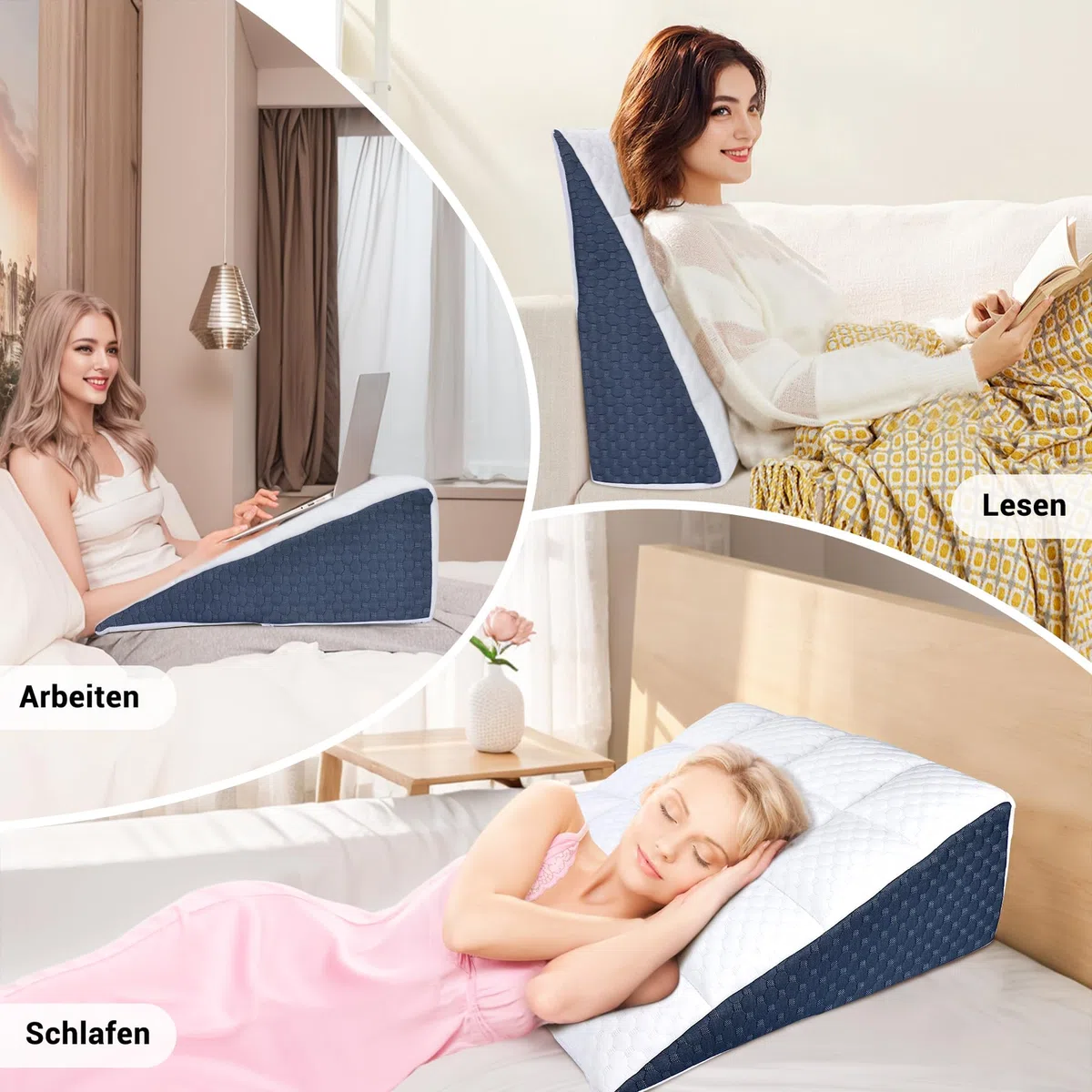 INFANZIA Vielseitig Keilkissen 21cm Erhöhung für Bett und Sofa, Dreieckskissen aus Hochdichteschaum, Ergonomischer Bettkeil für Reflux Schlafapnoe, Rückenstütze & Beinauflage für Lesen (Weißblau)