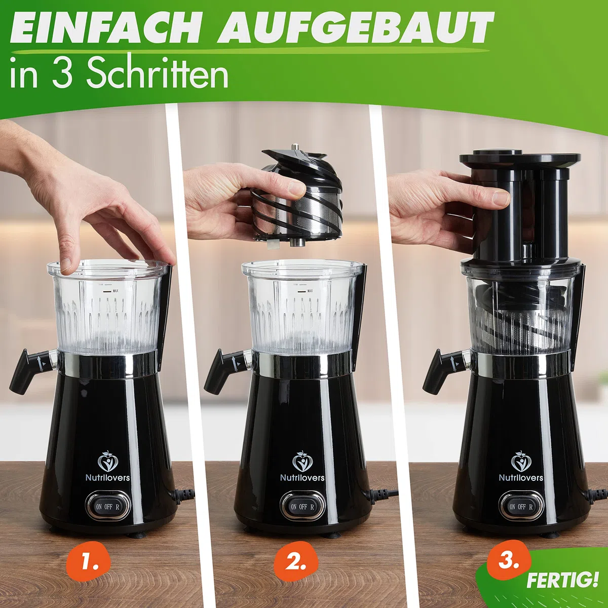 Nutrilovers Entsafter Slow Juicer NUTRI-PRESS Obst & Gemüse Entsafter - BPA-frei, 350 Watt, Sehr Leise, Ideal für Einsteiger Inkl. To Go Slow Juice Trinkflasche + Rezepte App