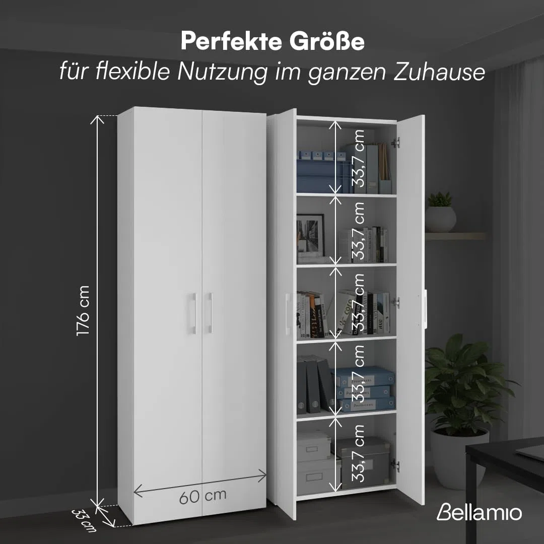 Bellamio Mehrzweckschrank Set 2-teilig – Schrank-Set mit Aktenschrank & Besenschrank in Weiß – Vorratsschrank mit Staubsaugerfach – Haushaltsschrank Holz 60 cm breit – Allzweckschrank 2 Stück