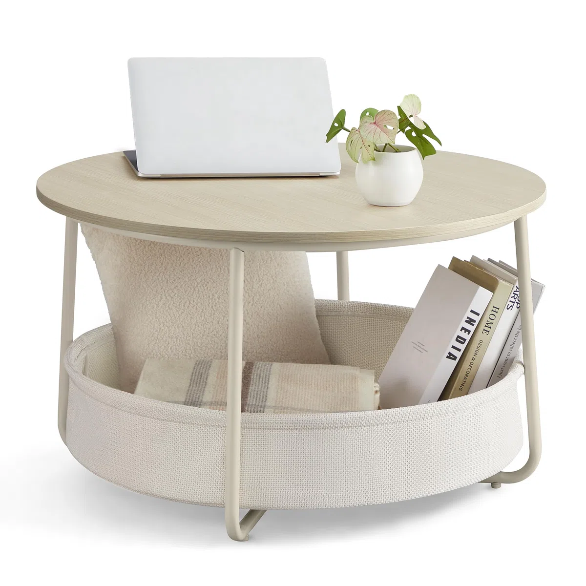 VASAGLE LILEA Kollektion - Couchtisch rund, Tisch mit Stauraum, Beistelltisch, Wohnzimmertisch mit Korb aus Stoff, modern, Metallrahmen, naturbeige-cremeweiß LCT244K01
