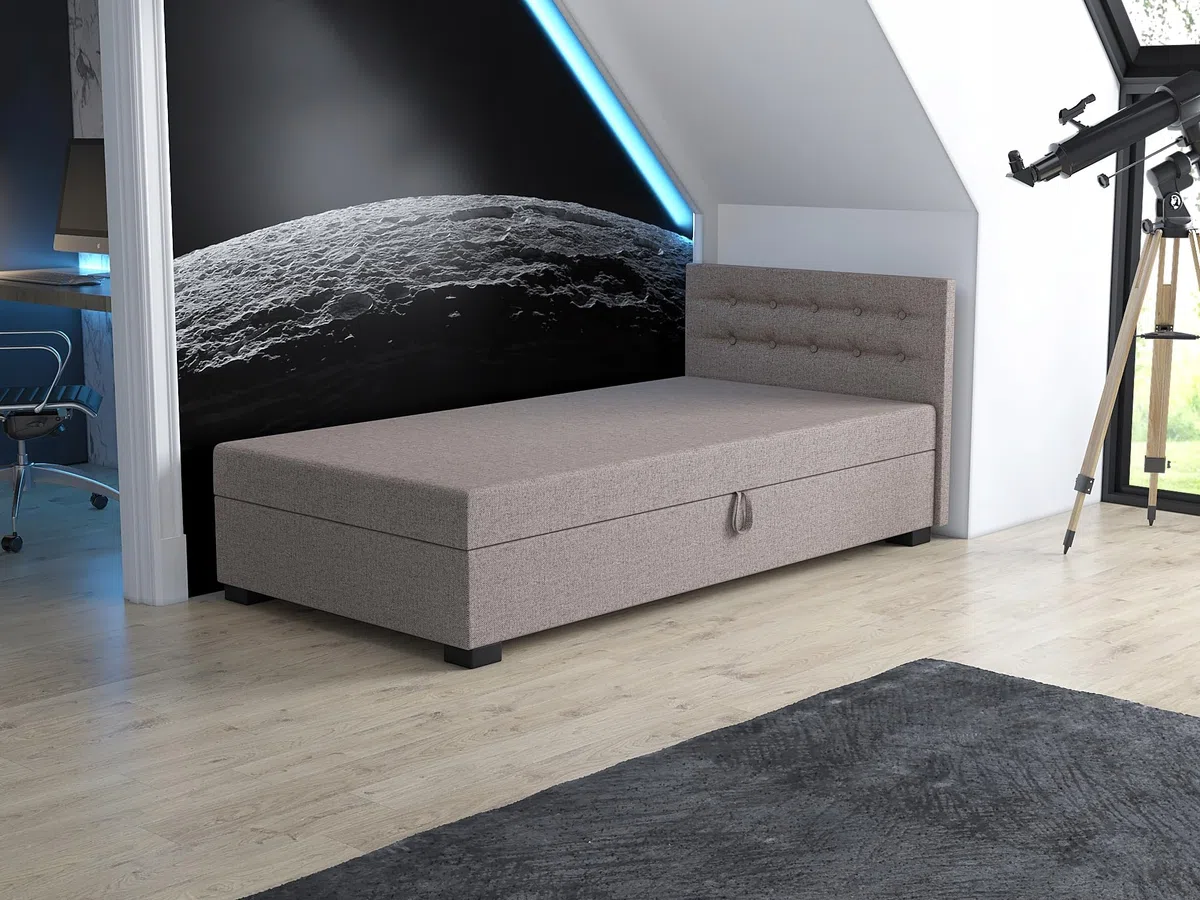 Boxspringbett Olaf 80x200x38 cm mit Schaumstoff Matratze, Bett mit Matratze, Polsterbett mit Bettkasten, Gepolstertes Einzel Bett, Schlafsofa - Biskuitbeige