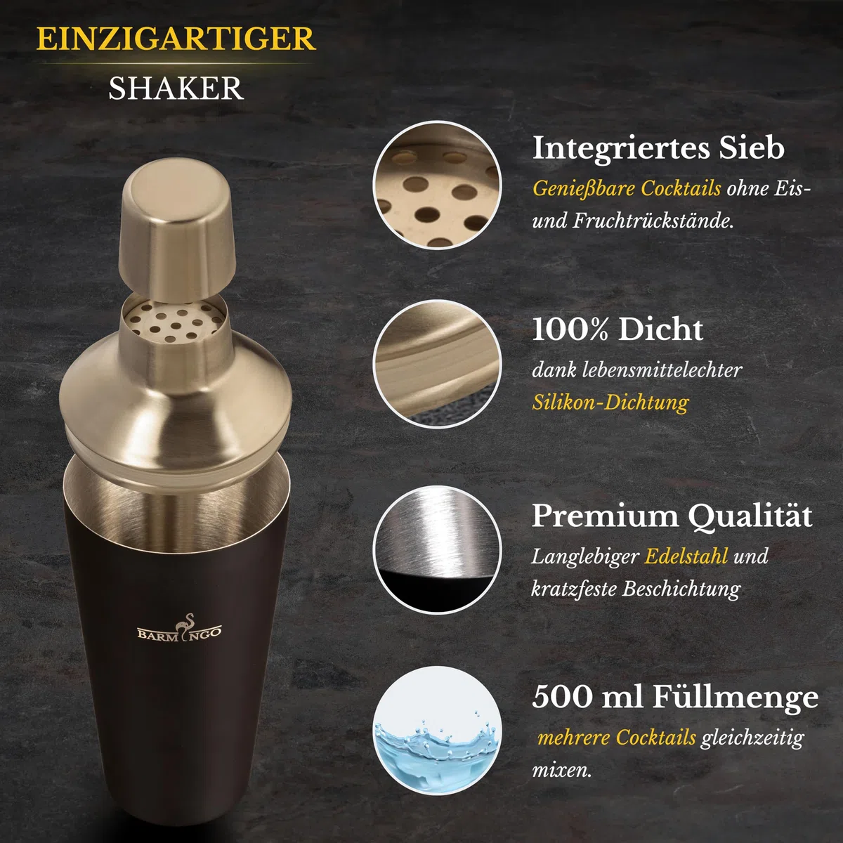 Cocktail Shaker Set [1,3 - SEHR GUT] - 500ml Edelstahl Cocktailshaker mit Bar Zubehör, Cocktail Set | Bar Set | Barkeeper Set | Cocktail Mix Set | Bar Geschenkset | Schwarz-Silber