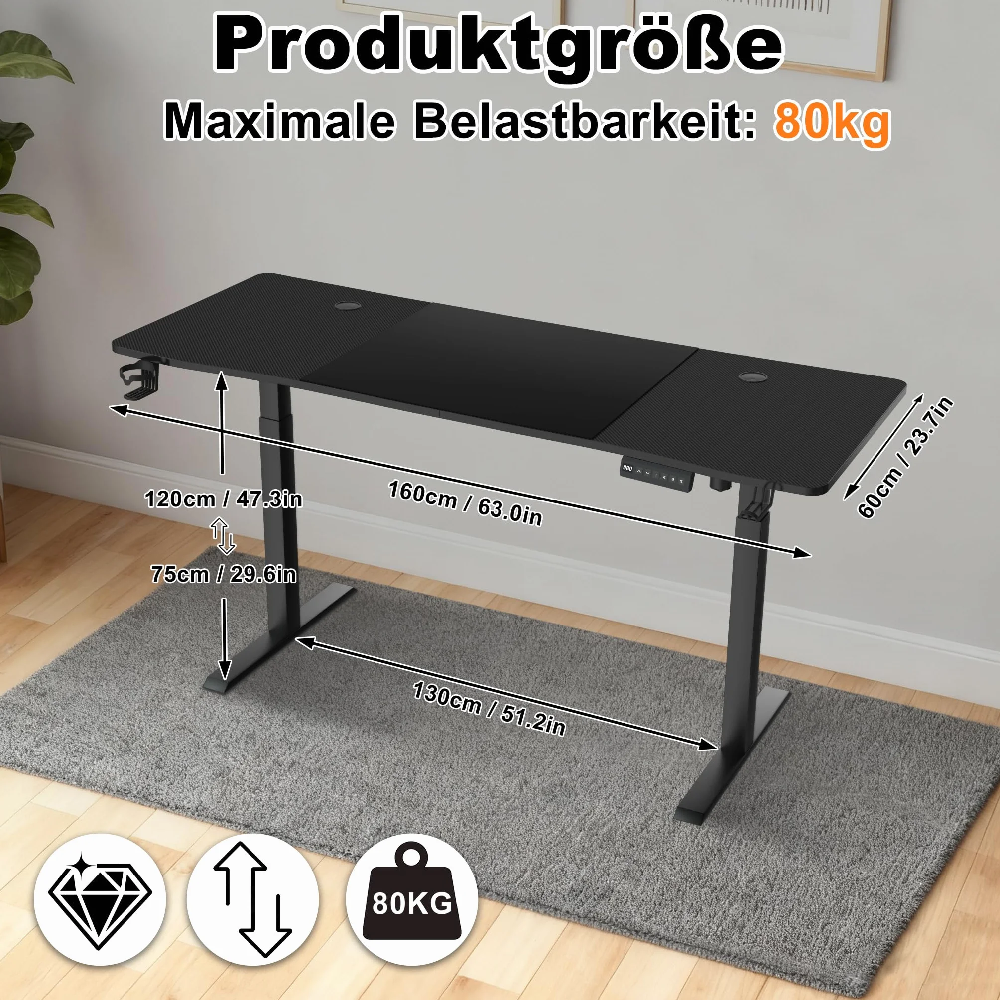 Froadp Höhenverstellbarer Schreibtisch 160x60cm Elektrischer Computertisch mit Memory-Funktion und Type C Ladeanschluss Verstellbarer Tisch Büro- und Gaming-Schreibtisch Schwarz, Tragkraft 80kg