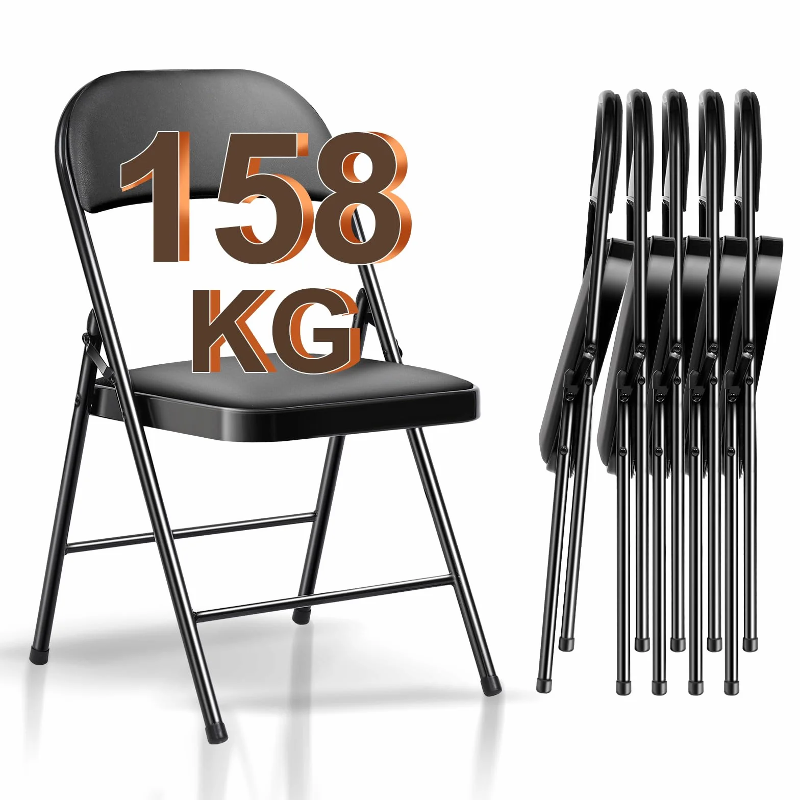 Klappstuhl 6er Set Gartenstuhl Klappbar, Wasserdicht Campingstuhl bis 158 KG Metall Klappsessel, Klappstühle für Gäste, Küche, Camping, Schwarz